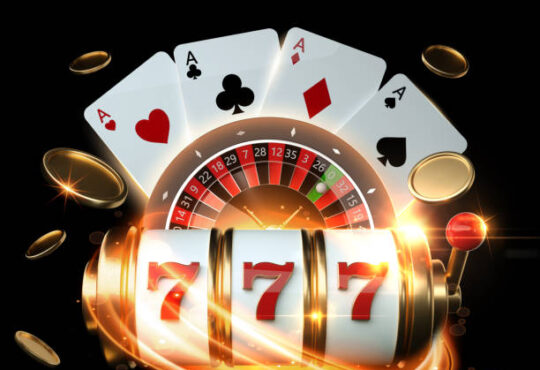 Slot Machine, Roulette Wheel And Four Aces With Golden Coins 3D Rendering