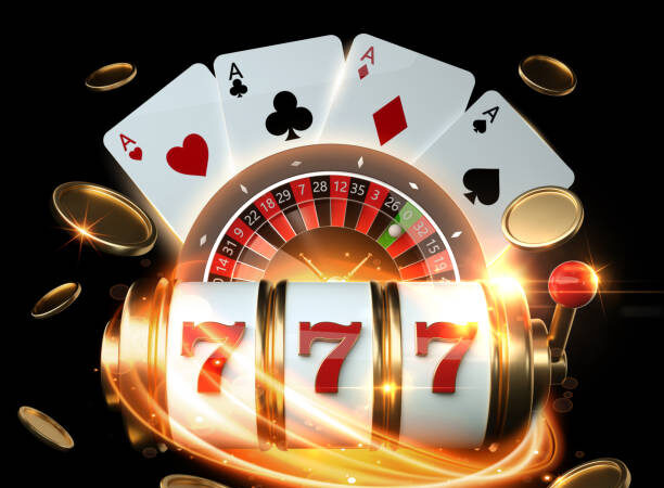Slot Machine, Roulette Wheel And Four Aces With Golden Coins 3D Rendering