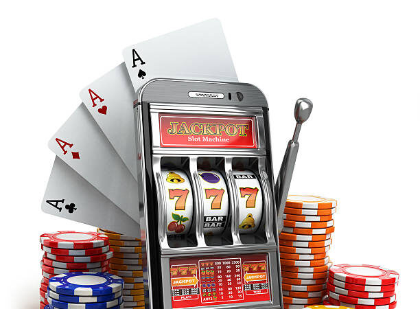 Online casino concept. Mobile phone, slot machine, dice and cards. 3d