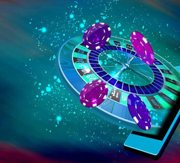 Mobile casino or roulette and casino coins flying out from a mobile