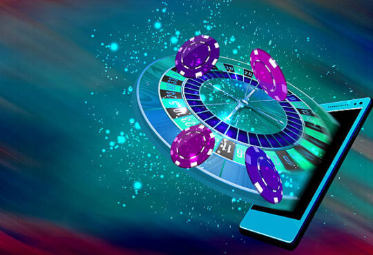 Mobile casino or roulette and casino coins flying out from a mobile