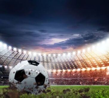 Soccer ball lies on stadium grass in the smoke, 3D Illustration